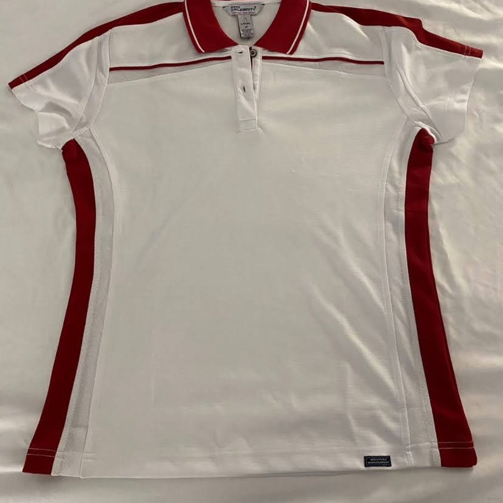 Pro Celebrity White w/ red trim woman's golf polo